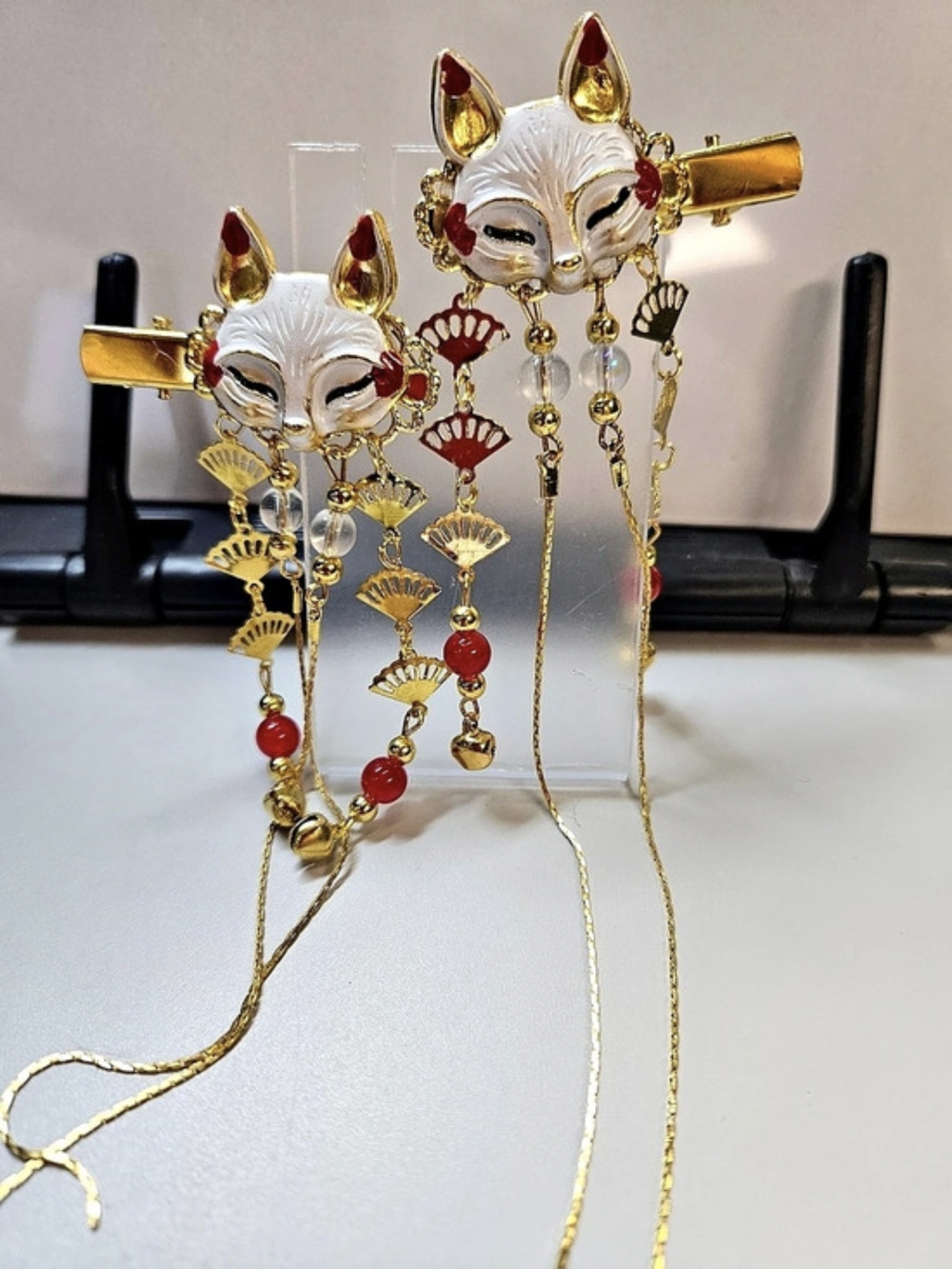Fox Mask Statement Hair Barrettes in Gold & Red Like New